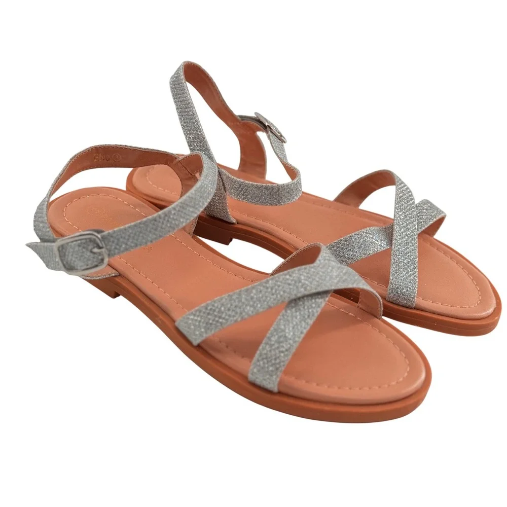 Girls Size 3 Elva Sandals Silver Glitter Strappy Buckle‎ Sparkle Shimmer Flat